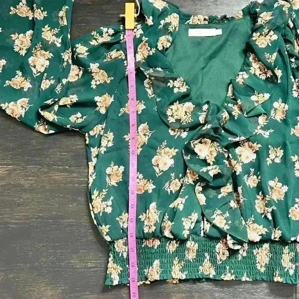 Lush Dark Green Floral Raya Peplum Smocked Waist Blouse Stitch Fix Milkmaid - Picture 12 of 14